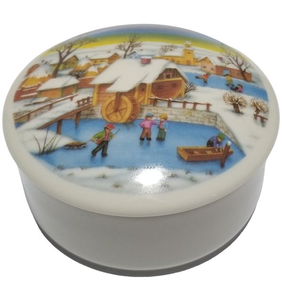 Collectible Lidded Round Trinket Box, With a Snow Village Scene by Picard China - Picture 1 of 9